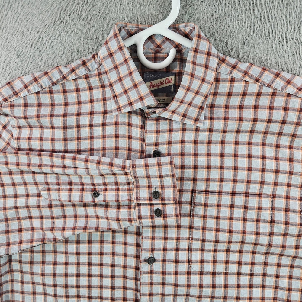 Johnnie-O‎ Hangin Out Mens Medium Plaid Button Down Shirt Blue Orange Cotton